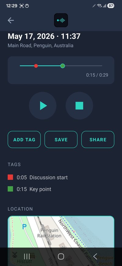 AudioWitness recording player with tags and map